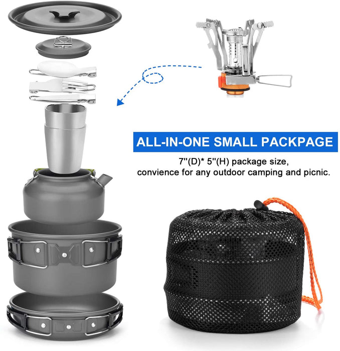 Camping Kochgeschirr Set 11-teiliges Outdoor Kochgeschirr mit Mini Gaskocher Tragbar Aluminium Topf 0.8L Teekessel 2 Tassen Faltbare Besteck Camping