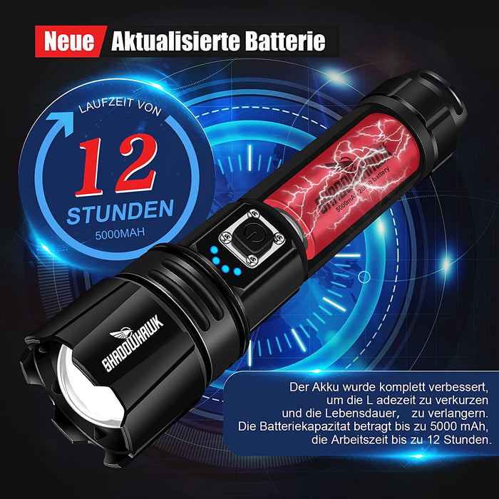 Taschenlampe Led 10000 Lumen, Extrem Hell Taschenlampe USB Aufladbar Taktische Taschenlampen Mit Holster IP67 Wasserdicht Camping Wandern Notfälle