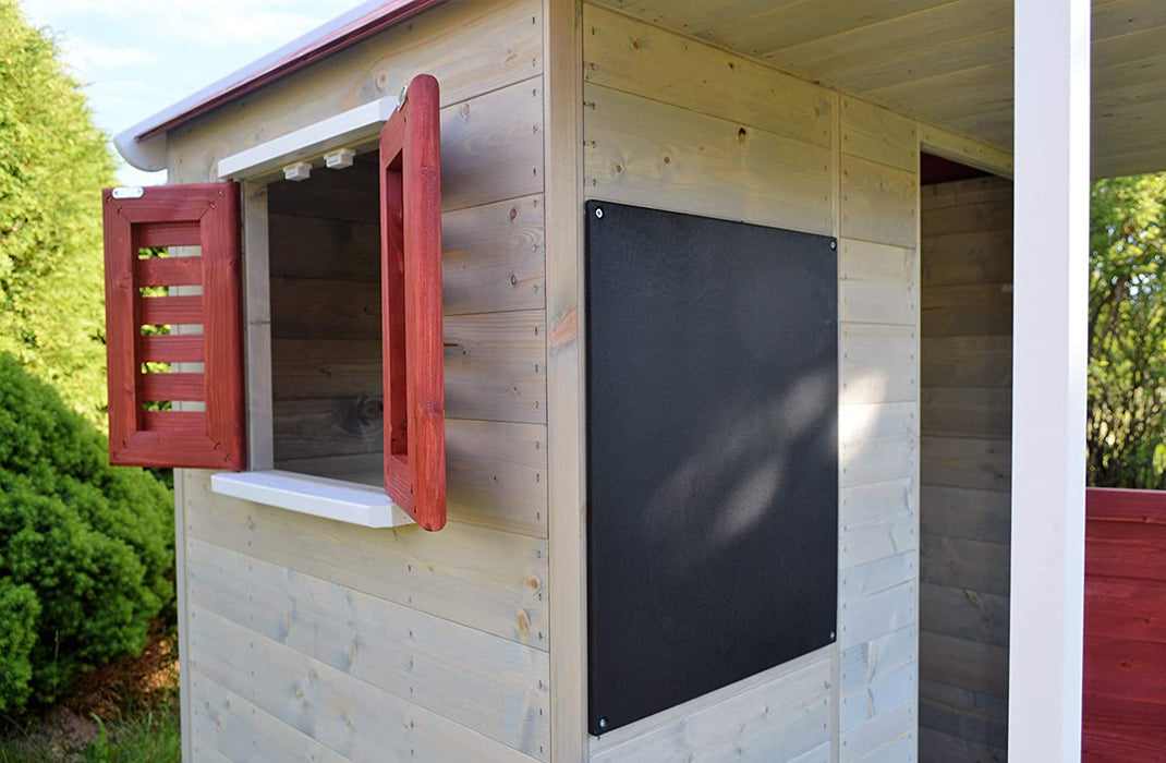 Kinderspielhaus Holz | Spielhaus Holz | Gartenhaus Kinder mit Tafel und Fensterlädenin in Rot | Spielhaus Kinder | Outdoor Spielzeug ab 3 Jahre