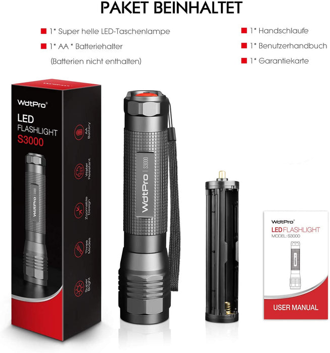 Extrem Hell LED Taschenlampe S3000, 3000 Lumen Taschenlampe mit 3 Modi und Lange Arbeitzeit, IP67 Wasserdicht Zoombar für Outdoor, Wandern, Camping