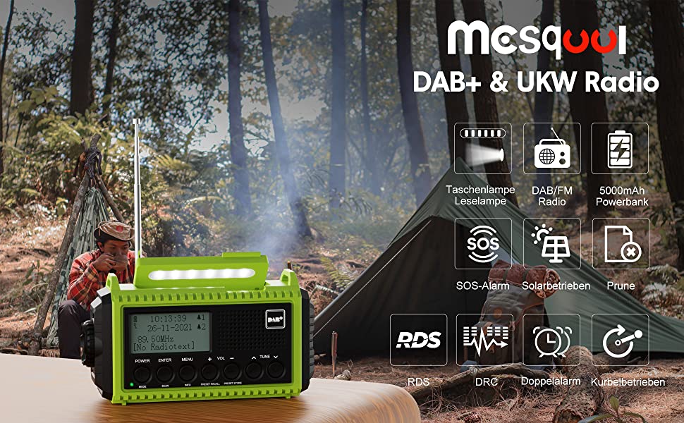 Kurbelradio DAB/UKW mit Akku 5000mAh, Tragbare Solar Radio mit LED Taschenlampe & Leselicht, DAB+ Baustellenradio RDS Funktion, Notfall Digital Radio