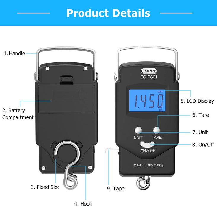 Digitale Kofferwaage,110 lb/50 kg Elektronische Digital Fischwaagen Handwaage mit Maßband, 2 AAA Batterien enthalten, Beleuchtetes Display (PS01)