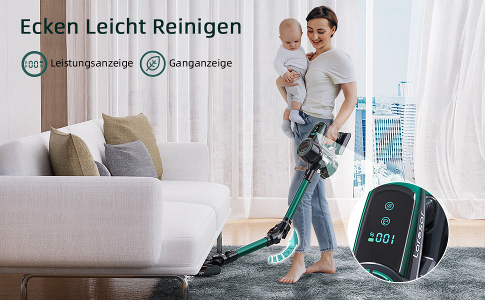 Elite2 Akku Staubsauger, 4-in-1-Staubsauger beutellos kabellos mit Display LED-Leuchten beleuchten den Boden 25.000 Pa Saugleistung Faltbarer