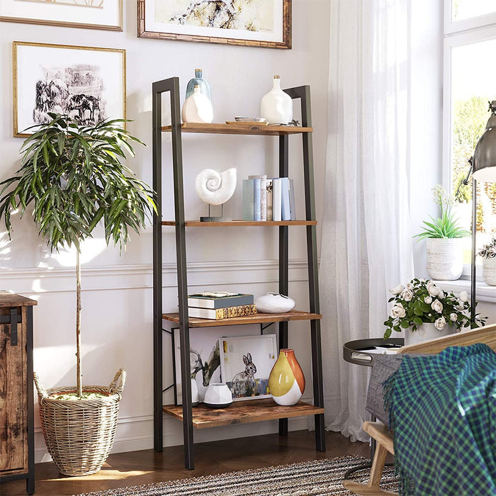 Standregal, Bücherregal, 4 Ebenen Leiterregal, stabiles Metallgestell, einfache Montage, für Wohnzimmer, Schlafzimmer, Küche, Vintagebraun-schwarz