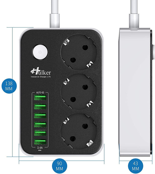 Mehrfachsteckdose HULKER Steckdosenadapter 3 fach/Steckdosen 6 USB -Anschlüsse, Steckdosenleiste mit überspannungsschutz, 1.6 m Verlängerungskabel EU