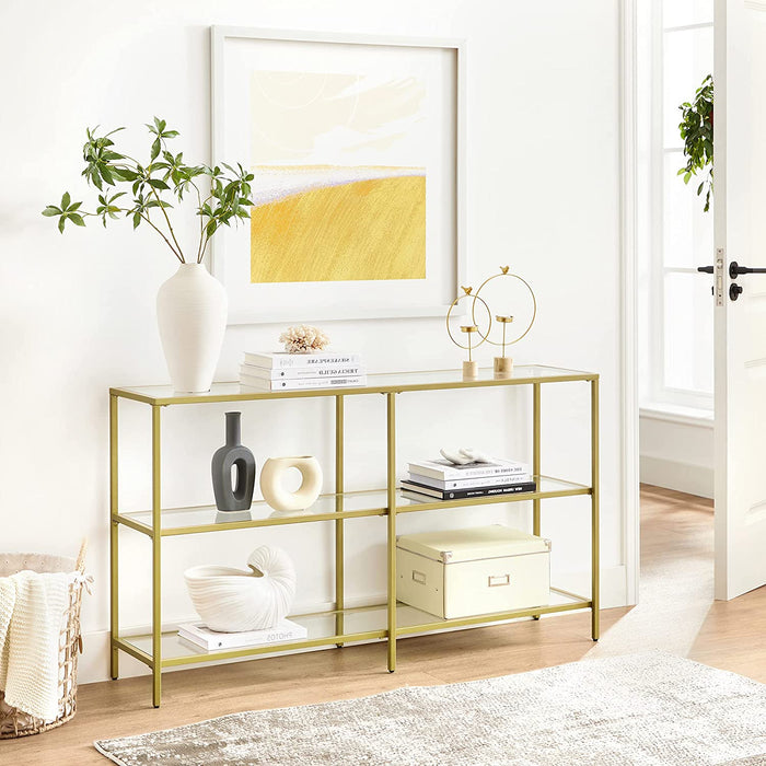Konsolentisch, Flurtisch, 3 Ebenen, Beistelltisch, Ablagen aus Hartglas, 130 x 30 x 73 cm, Metallgestell, modern, für Flur, Wohnzimmer, Schlafzimmer
