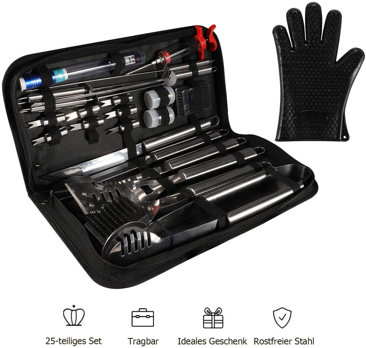25pcs Edelstahl Grillbesteck Set im Koffer Grillkoffer Grillzubehör Set für Männer Grill Werkzeugset mit Geschenkverpackung, Camping BBQ Grillset