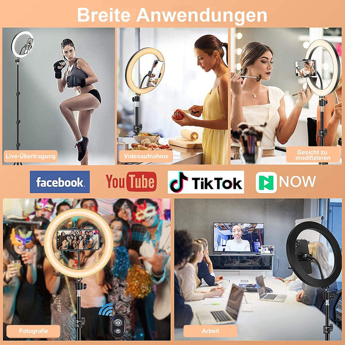 10.2 Zoll LED Ringlicht mit 15-63 Zoll Stativ, Dimmbare Selfie Ringleuchte mit Handyhalter und Fernbedienung, 3 Farbe und 10 Helligkeitsstufen für YouTube TikTok