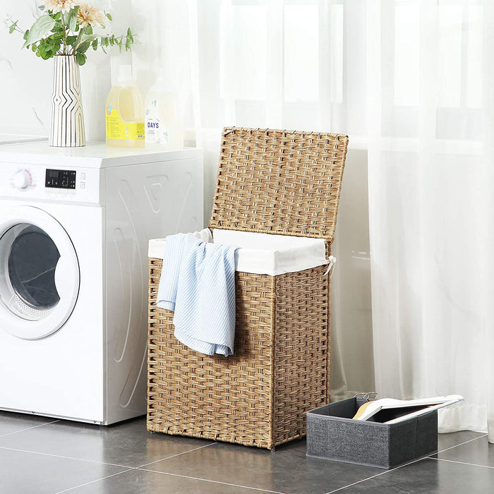 Wäschekorb handgeflochten, 90 L, Wäschesammler aus synthetischem Rattan, mit Deckel und Griffen, faltbar, Wäschesack herausnehmbar, naturfarben