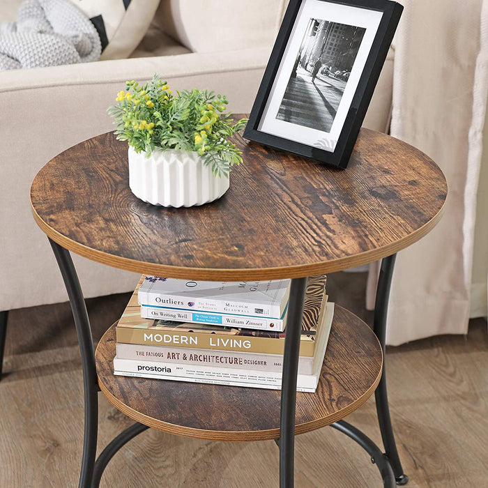 Beistelltisch rund, Sofatisch, 2 Ablagen, Wohnzimmer, Schlafzimmer, einfacher Aufbau, Metall, Industrie-Design, Vintage, Dunkelbraun