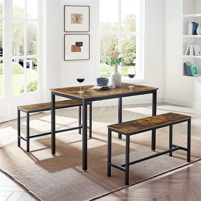 Esstisch, Küchentisch-Set, 110 x 70 x 75 cm, mit 2 Bänken je 97 x 30 x 50 cm, Metallgestell, für Küche, Wohnzimmer, Esszimmer, Industrie-Design