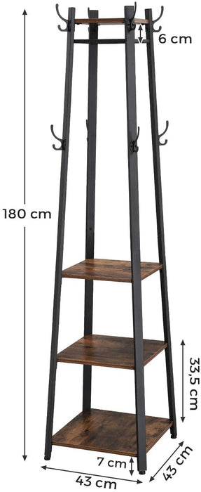Garderobenständer, Kleiderständer, Garderobe mit 3 Ablagen, Haken, Kleiderstange, stabil, mit Metallgestell, Holzoptik, Industrie-Design, Vintagebraun
