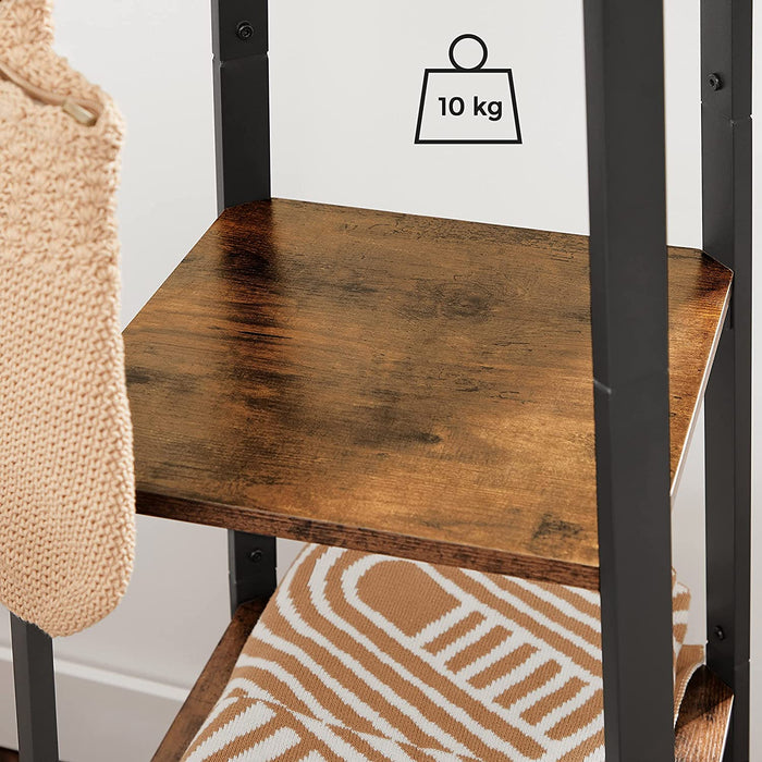 Garderobenständer, Kleiderständer, Garderobe mit 3 Ablagen, Haken, Kleiderstange, stabil, mit Metallgestell, Holzoptik, Industrie-Design, Vintagebraun