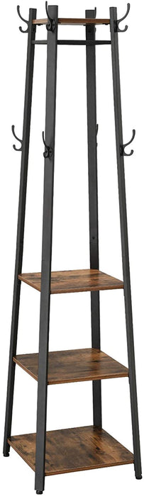 Garderobenständer, Kleiderständer, Garderobe mit 3 Ablagen, Haken, Kleiderstange, stabil, mit Metallgestell, Holzoptik, Industrie-Design, Vintagebraun