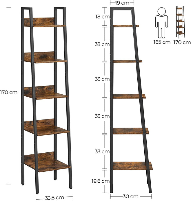 Bücherregal, Leiterregal mit 5 Ablagen, offen, Standregal, schmal, für Wohnzimmer, Schlafzimmer, Küche, Büro, Metallgestell, Industrie-Design