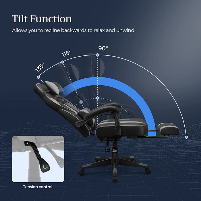 Gamingstuhl, Schreibtischstuhl mit Fußstütze, Bürostuhl mit Kopfstütze und Lendenkissen, höhenverstellbar, ergonomisch, 90-135° Neigungswinkel