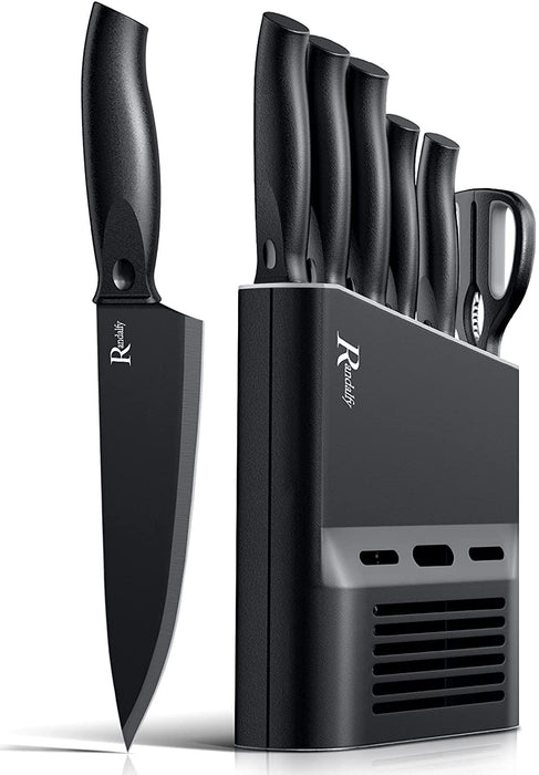 Messerset mit Messerblock Set, 7-TLG Kochmesser Set mit Messer, Schere, Messerblock zum Hacken von Fleisch/Gemüse/Obst