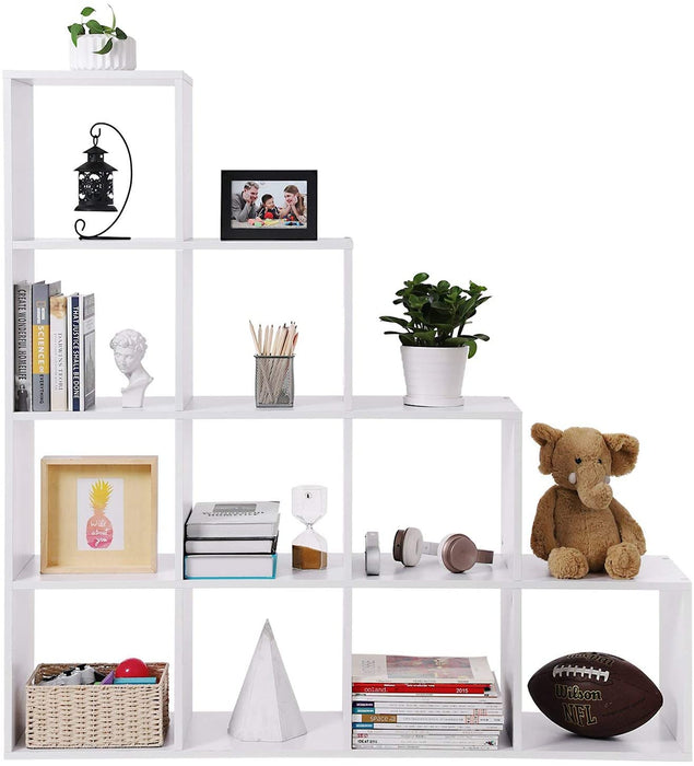 Bücherregal, Treppen, 10 Würfel-Fächer, Ausstellungsregal aus Holz, freistehendes Regal, Raumteiler, Weiß