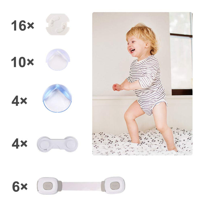 Kinder Sicherheitssets,Kindersicherung-14 x Eckenschutz,16 x Kindersicherung für Steckdose,10 x Schloss für Schränke und Schubladen Kühlschrank