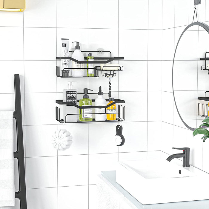 Duschablage, Duschregal Ohne Bohren für Badezimmer und Küche, Duschkorb mit 11 Haken Seifenschale Rasiererhalter Shampoo Halterung für Dusche