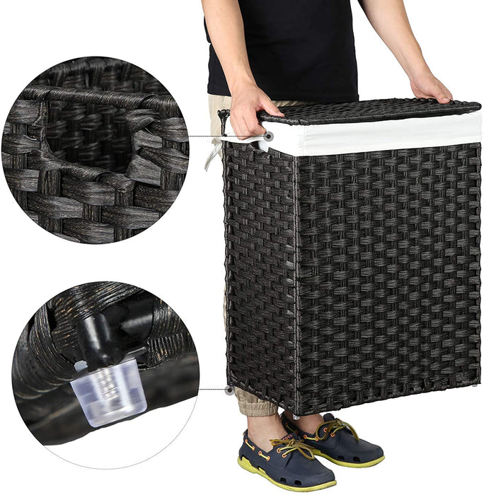 Wäschekorb handgeflochten, 90 L, Wäschesammler aus synthetischem Rattan, mit Deckel und Griffen, faltbar, Wäschesack herausnehmbar, schwarz