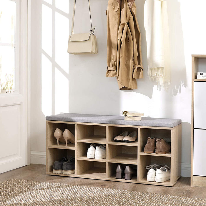 Schuhbank, Schuhregal, Schuhaufbewahrung, Sitzbank, 10 Fächer, mit Polsterung, für den Eingangsbereich, Flur, Schlafzimmer, 104 x 30 x 48 cm Holzoptik
