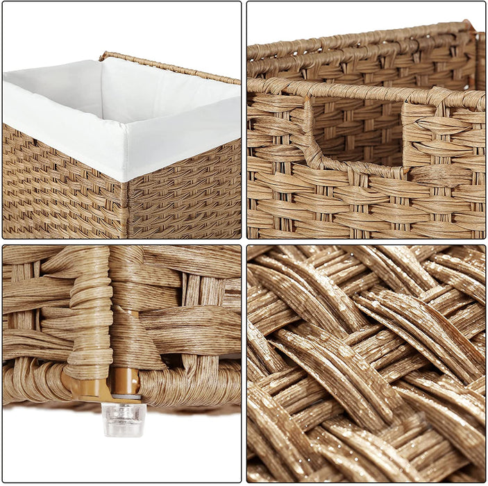 Wäschekorb handgeflochten, 90 L, Wäschesammler aus synthetischem Rattan, mit Deckel und Griffen, faltbar, Wäschesack herausnehmbar, naturfarben