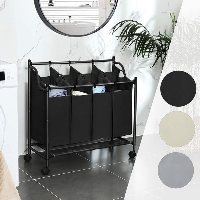 Wäschekorb mit 4 Fächern, Wäschesortierer, Wäschesammler, mit Rädern, abnehmbare Taschen, Spielzeugaufbewahrung, 4 x 35 Liter, schwarz