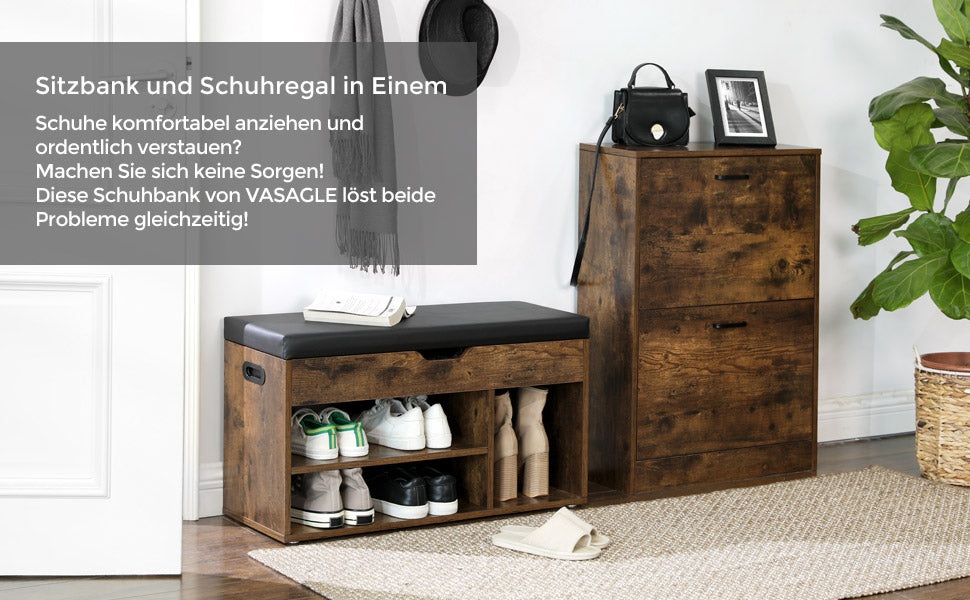 Schuhbank, Sitzbank, gepolstert, 3 offene Fächer, Stauraum unter der Sitzfläche, Schuhaufbewahrung, Flur, Wohnzimmer, Schlafzimmer, bis 150 kg