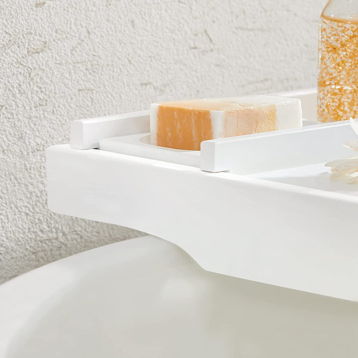 Badewannenablage aus Bambus, Badewannenbrett, ausziehbar, verstellbar, Ablage für Badewannen, mit Getränkehalter, Handy-Stütze, Seifenablage, (75-109) x 23 x 4,5 cm, weiß