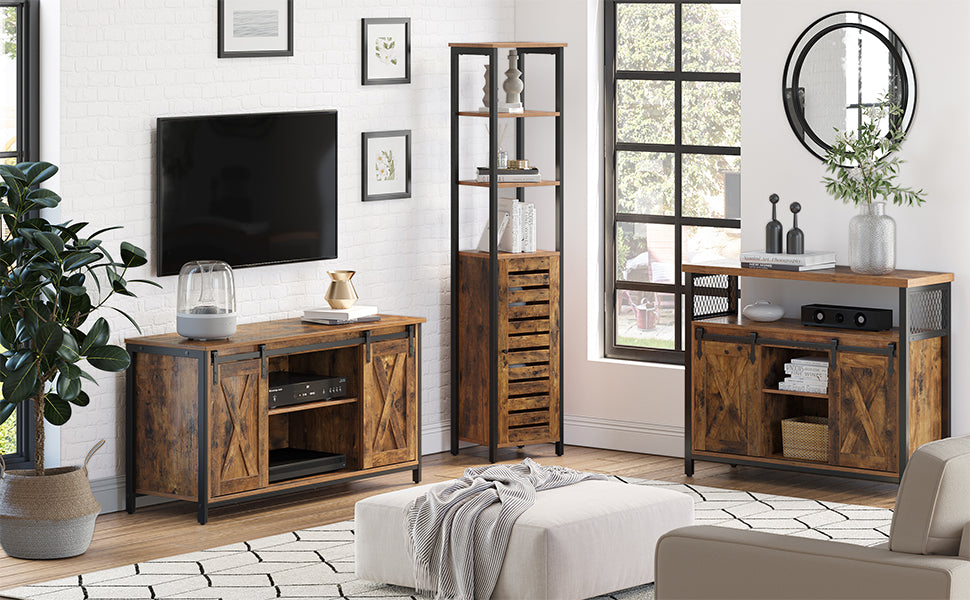 Sideboard, Küchenschrank, Aufbewahrungsschrank, mit 2 Schiebetüren, verstellbare Ablage, industriell, für Wohnzimmer, vintagebraun-schwarz