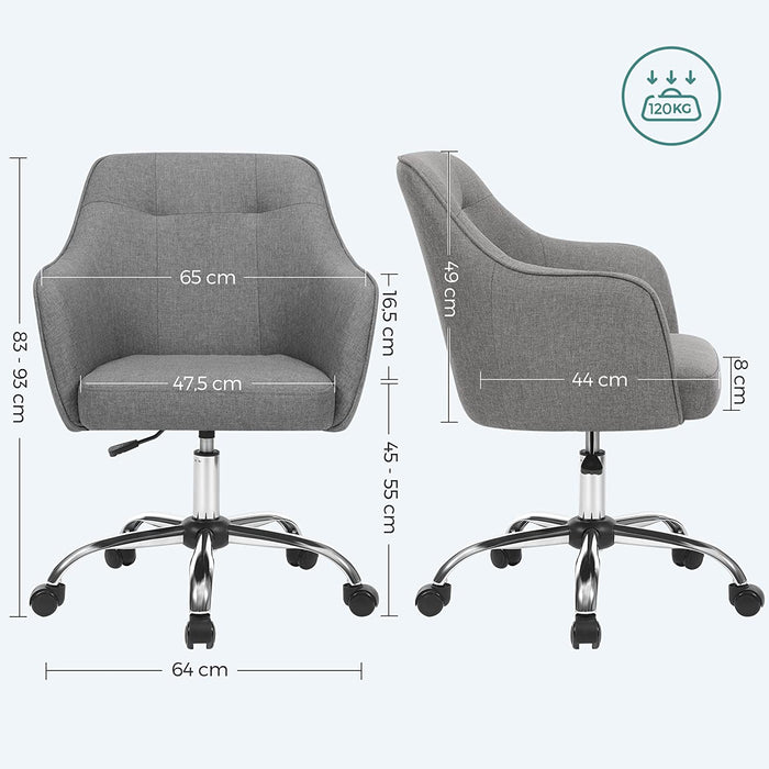 Bürostuhl, bequemer Schreibtischstuhl, höhenverstellbarer Computerstuhl, bis 120 kg belastbar, Stahlgestell, Leinenimitat, Homeoffice, Büro, grau