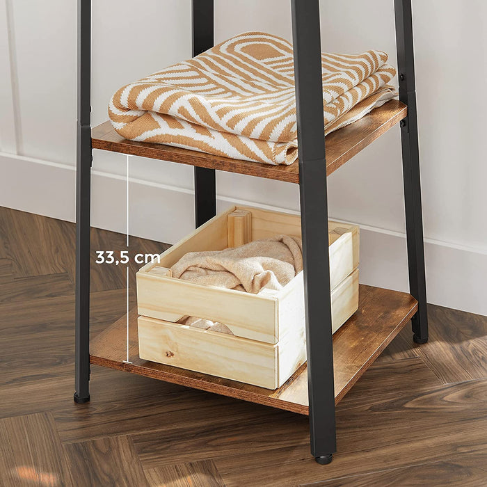 Garderobenständer, Kleiderständer, Garderobe mit 3 Ablagen, Haken, Kleiderstange, stabil, mit Metallgestell, Holzoptik, Industrie-Design, Vintagebraun