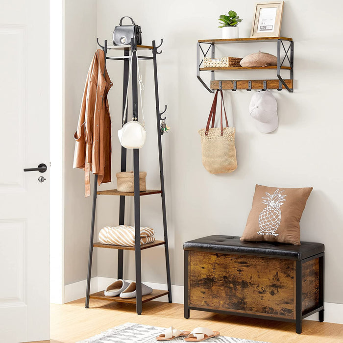 Garderobenständer, Kleiderständer, Garderobe mit 3 Ablagen, Haken, Kleiderstange, stabil, mit Metallgestell, Holzoptik, Industrie-Design, Vintagebraun