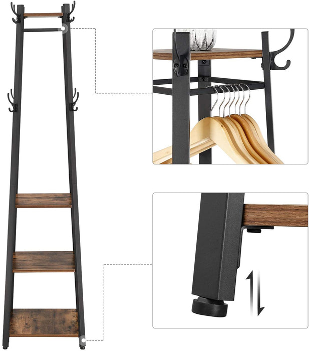Garderobenständer, Kleiderständer, Garderobe mit 3 Ablagen, Haken, Kleiderstange, stabil, mit Metallgestell, Holzoptik, Industrie-Design, Vintagebraun