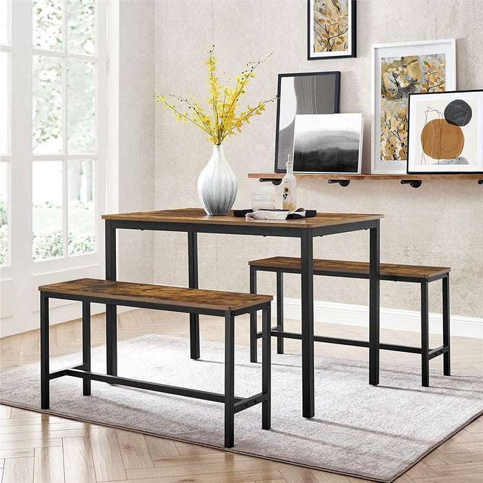 Esstisch, Küchentisch-Set, 110 x 70 x 75 cm, mit 2 Bänken je 97 x 30 x 50 cm, Metallgestell, für Küche, Wohnzimmer, Esszimmer, Industrie-Design