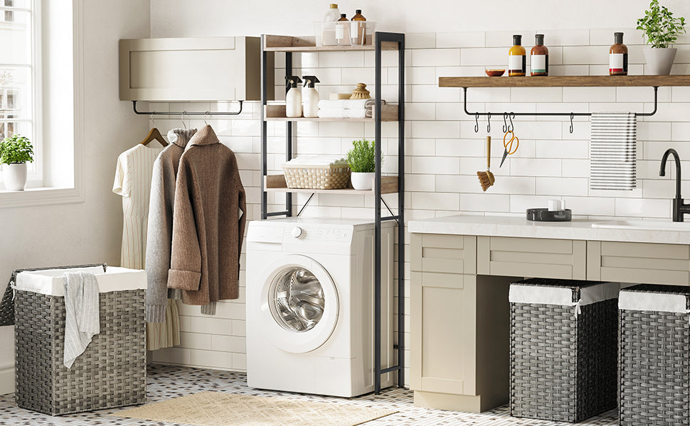 Toilettenregal, Badezimmerregal, Waschmaschinenregal, Badregal mit 3 offenen Ablagen, platzsparend, einfache Montage, Industrie-Design, Greige-schwarz