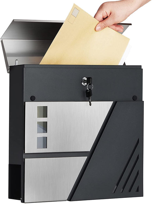 Briefkasten, Wandbriefkasten mit Sichtfenster, aus Edelstahl, für Haustür, mit Schloss und Schlüsseln, silbern-anthrazit