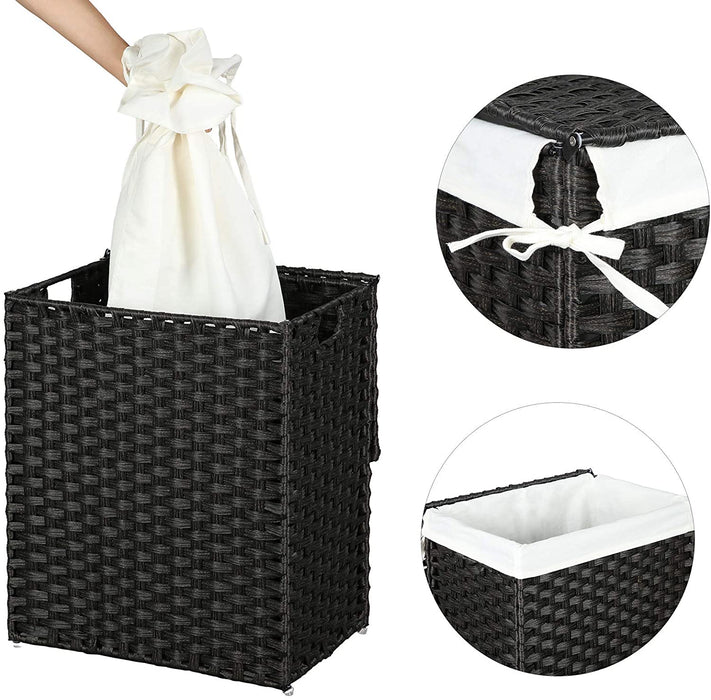 Wäschekorb handgeflochten, 90 L, Wäschesammler aus synthetischem Rattan, mit Deckel und Griffen, faltbar, Wäschesack herausnehmbar, schwarz