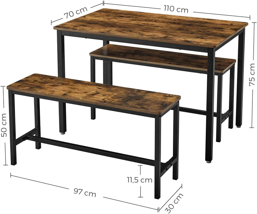 Esstisch, Küchentisch-Set, 110 x 70 x 75 cm, mit 2 Bänken je 97 x 30 x 50 cm, Metallgestell, für Küche, Wohnzimmer, Esszimmer, Industrie-Design