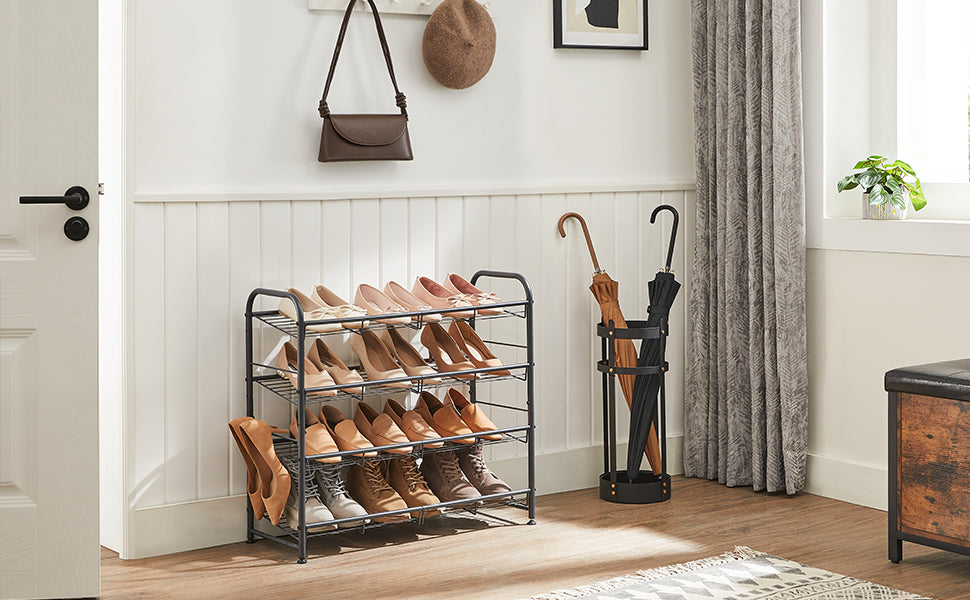 Schuhregal mit 4 Ablagen, stapelbarer Schuh-Organizer, für bis zu 16 Paar Schuhe, aus Stahl, 68,5 x 27,5 x 65 cm, für High Heels, Turnschuhe