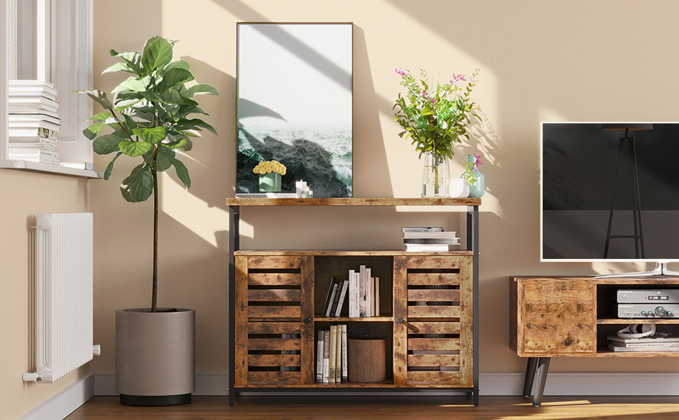 Sideboard, Beistellschrank, Küchenschrank mit offenen Regalfächern, Flurschrank, Kommode mit Lamellentüren, Wohnzimmer, Esszimmer, Büro, Flur
