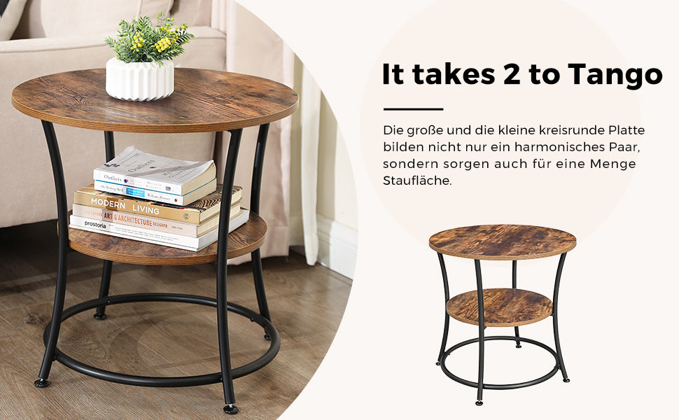 Beistelltisch rund, Sofatisch, 2 Ablagen, Wohnzimmer, Schlafzimmer, einfacher Aufbau, Metall, Industrie-Design, Vintage, Dunkelbraun