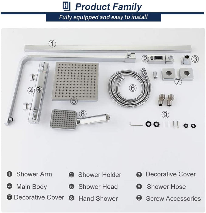 Duschsystem mit Thermostat Regendusche eckig Duscharmatur Duschset Dusche inkl. Handbrause, Regenbrause, Duschstange chrom