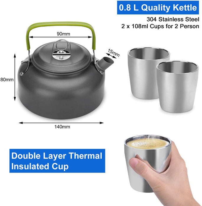 Camping Kochgeschirr Set 11-teiliges Outdoor Kochgeschirr mit Mini Gaskocher Tragbar Aluminium Topf 0.8L Teekessel 2 Tassen Faltbare Besteck Camping