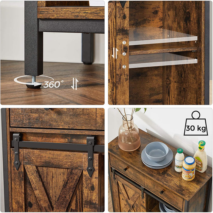 Beistellschrank, Sideboard mit Regalebene und Schublade, Küchenschrank, Kommode mit Schiebetür im Landhausstil, Industrie-Design, vintagebraun-schwarz