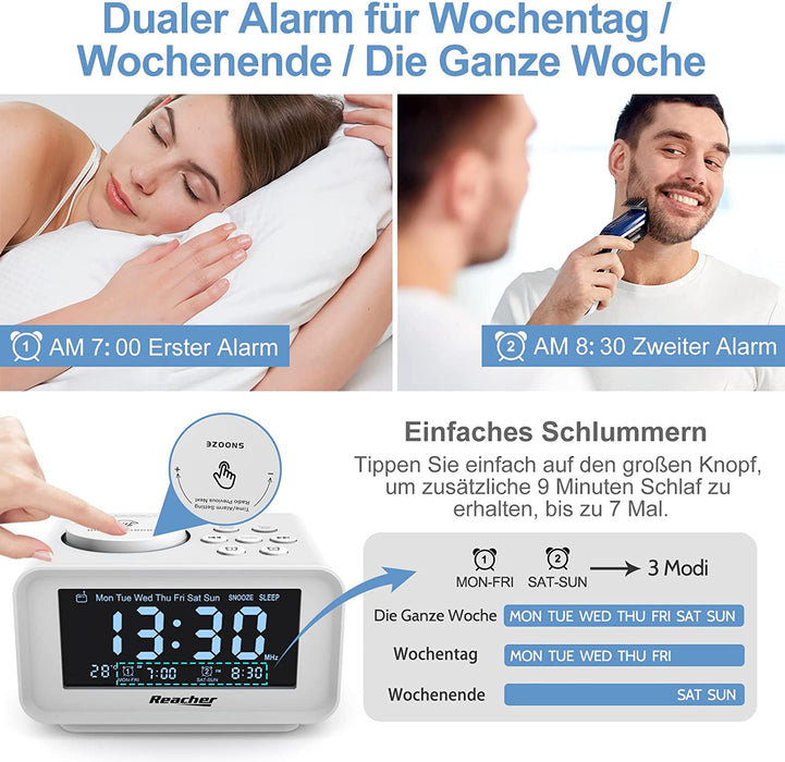 REACHER FM Radiowecker mit USB-Anschlüssen, Dual Alarm mit Wochentag/Wochenend, 6 Weckergeräusche, Anpassbare Helligkeitsregulierung