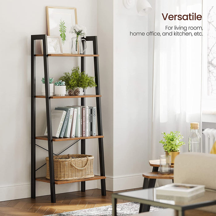 Standregal, Bücherregal, 4 Ebenen Leiterregal, stabiles Metallgestell, einfache Montage, für Wohnzimmer, Schlafzimmer, Küche, Vintagebraun-schwarz